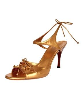 Gucci Tom Ford Era Gold Strappy Heels Ankle Tie 8.5 w Box Dust Bag